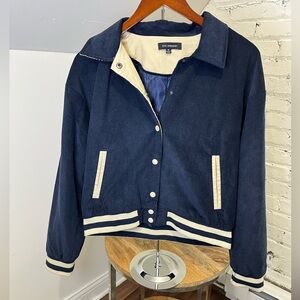 Blu Pepper Corduroy Cropped Varsity Bomber Jacket Womens Navy Cream Size Medium